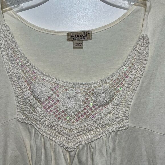 One World Women's Cream Crochet Sequin 3/4 Sleeve 100% Cotton Blouse Large - Picture 5 of 9
